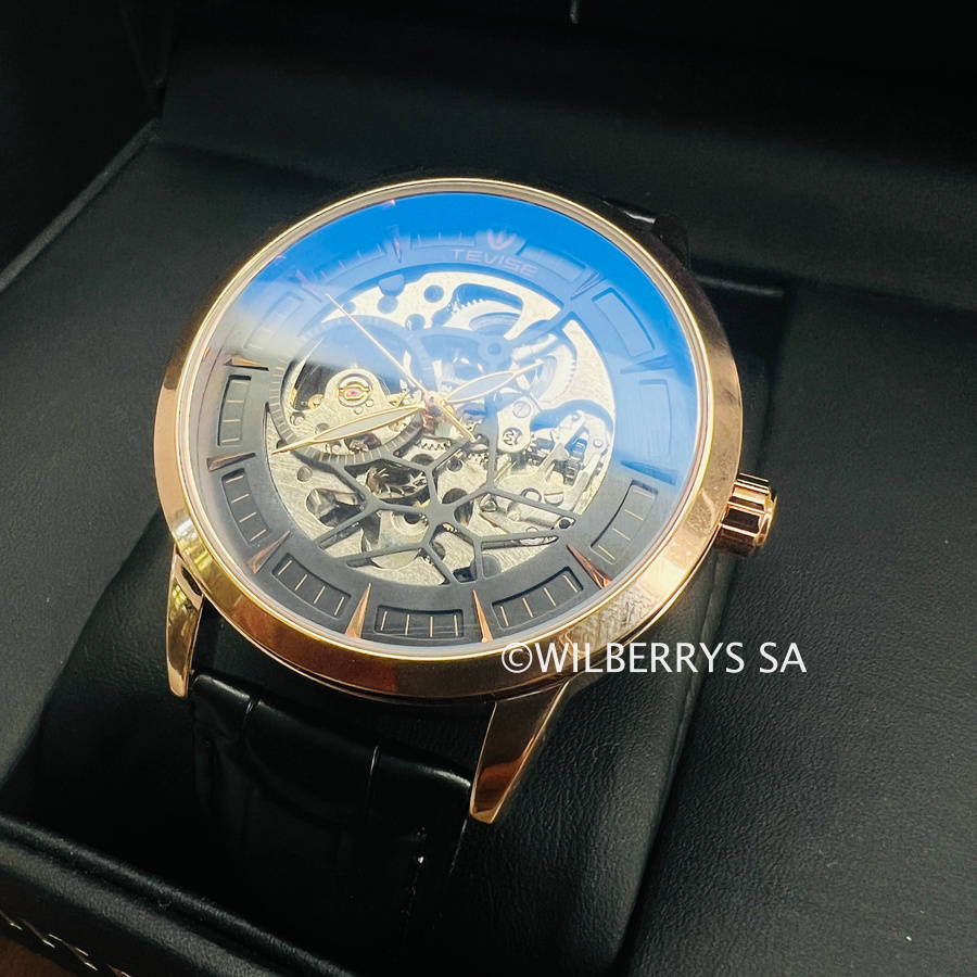 Retail: R2,399.00 TEVISE ® Mens DREAM Automatic Leather Rose Gold Watch BRAND NEW