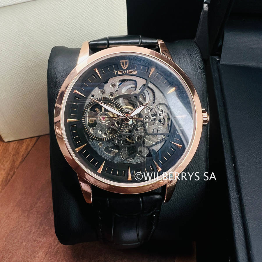 Retail: R2,399.00 TEVISE ® Mens DREAM Automatic Leather Rose Gold Watch BRAND NEW
