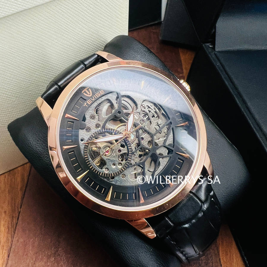 Retail: R2,399.00 TEVISE ® Mens DREAM Automatic Leather Rose Gold Watch BRAND NEW