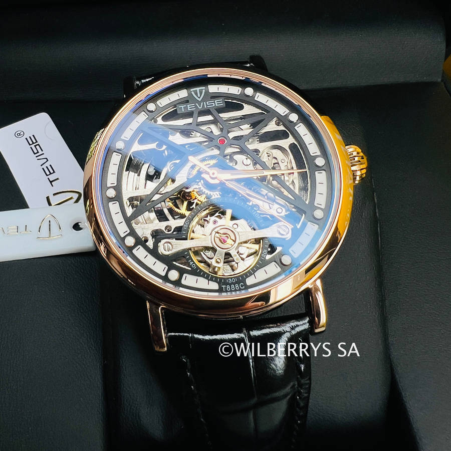 Retail: R2,199.00 TEVISE ® Mens Amistad Wheel Automatic Rose Gold/Black Leather Edition Watch