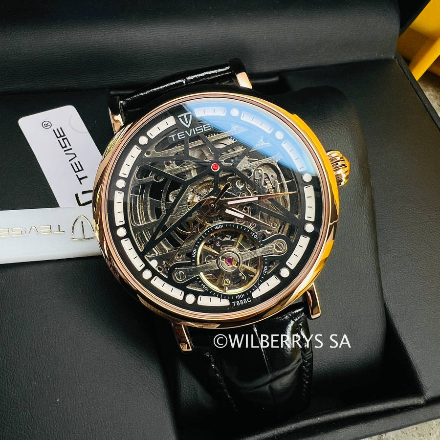 Retail: R2,199.00 TEVISE ® Mens Amistad Wheel Automatic Rose Gold/Black Leather Edition Watch
