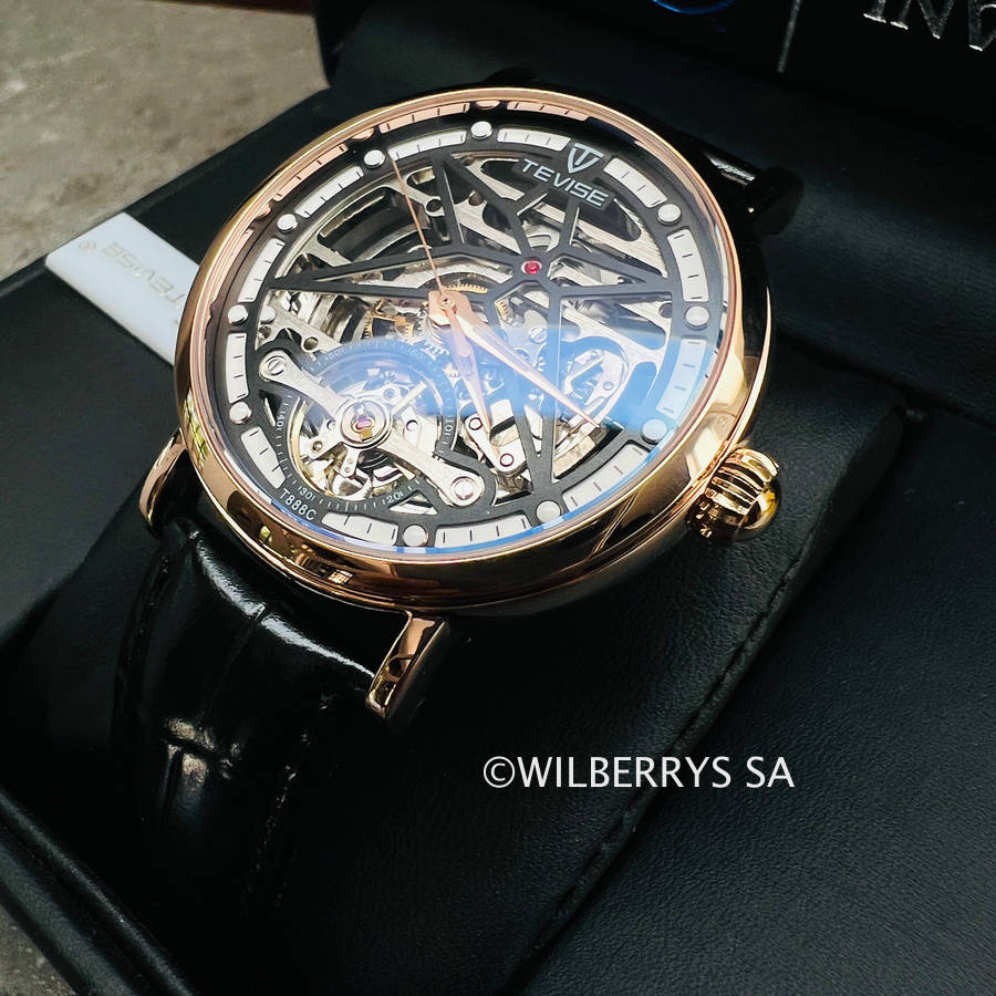 Retail: R2,199.00 TEVISE ® Mens Amistad Wheel Automatic Rose Gold/Black Leather Edition Watch