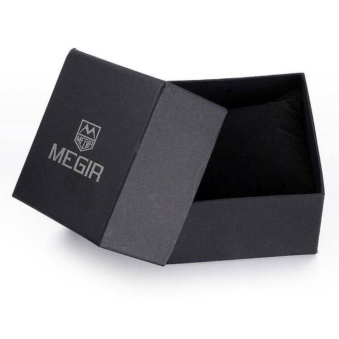 MEGIR Men`s Big Pilot Chronograph Date 45mm Ionic Black / Brown Leather Watch