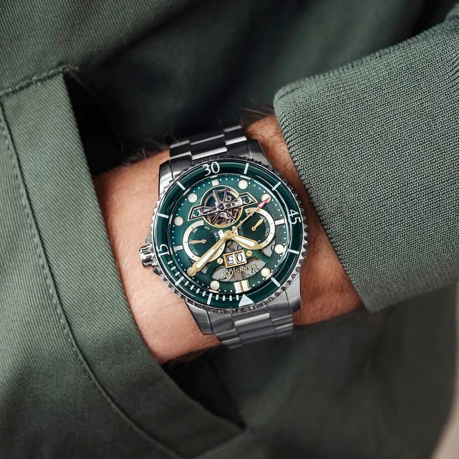 LOOK!! rip: R14,200.00 THOMAS EARNSHAW DUNCAN GRANDE DATE OPEN HEART AUTOMATIC Forest Green Watch