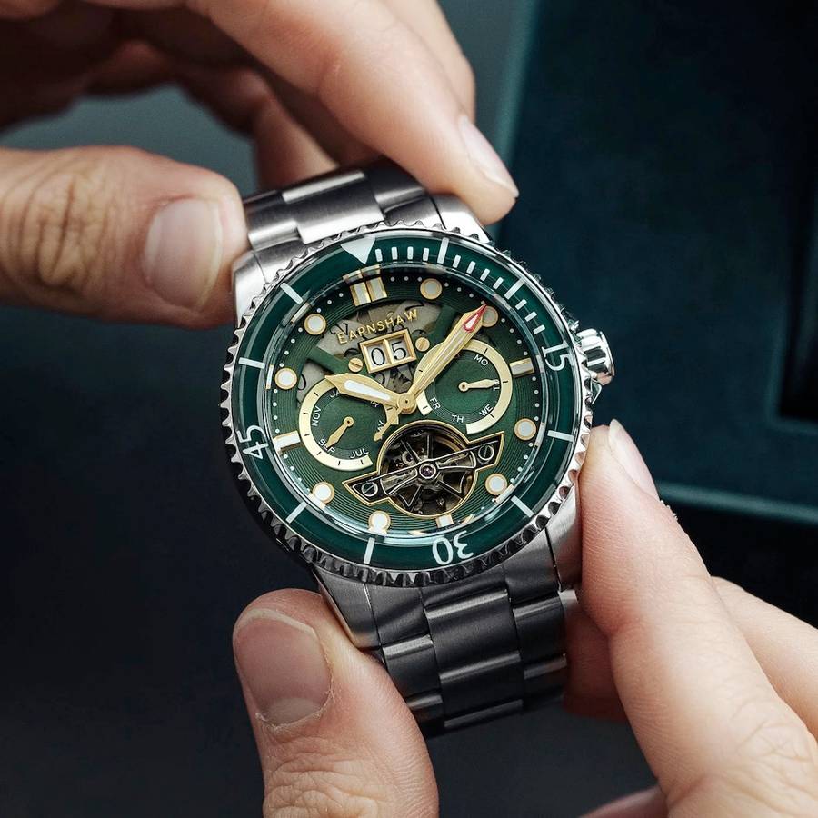 LOOK!! rip: R14,200.00 THOMAS EARNSHAW DUNCAN GRANDE DATE OPEN HEART AUTOMATIC Forest Green Watch