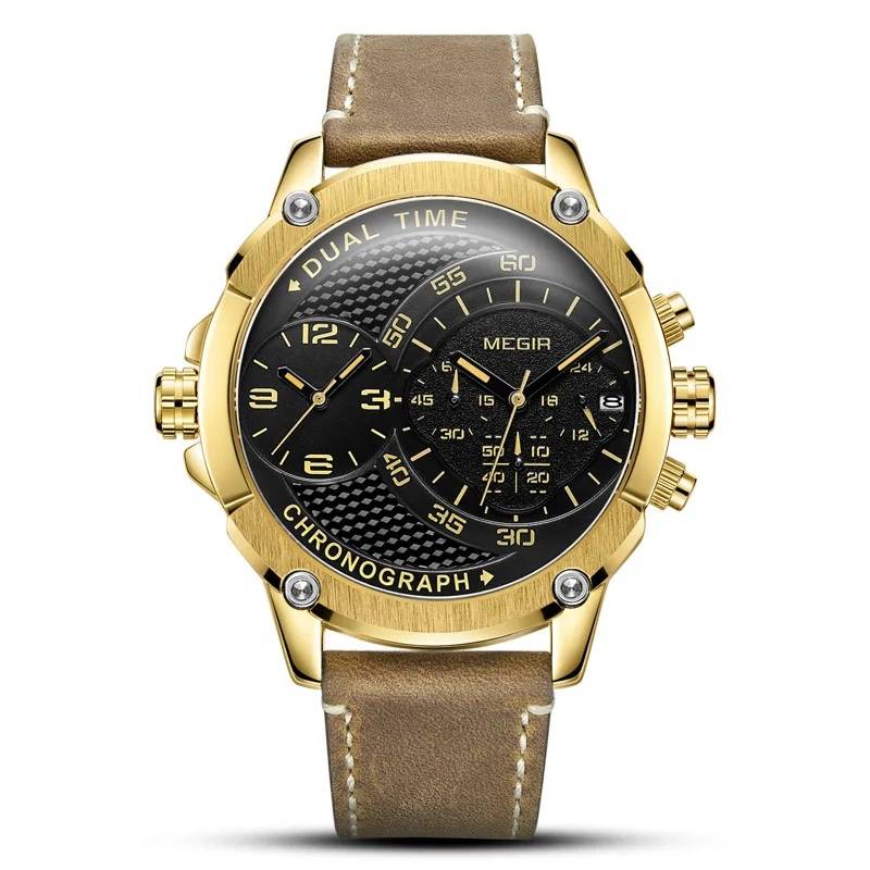 Retail: R1,699.00 MEGIR Men`s Giant Chronograph Dual Time 48mm Gold / Brown Leather Watch BRAND NEW