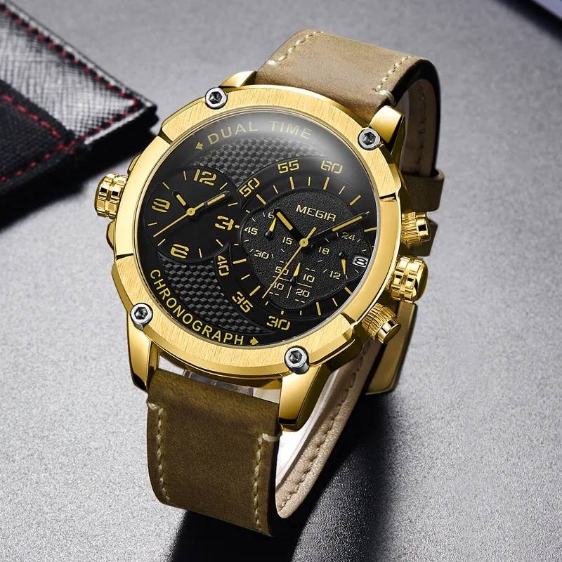 Retail: R1,699.00 MEGIR Men`s Giant Chronograph Dual Time 48mm Gold / Brown Leather Watch BRAND NEW