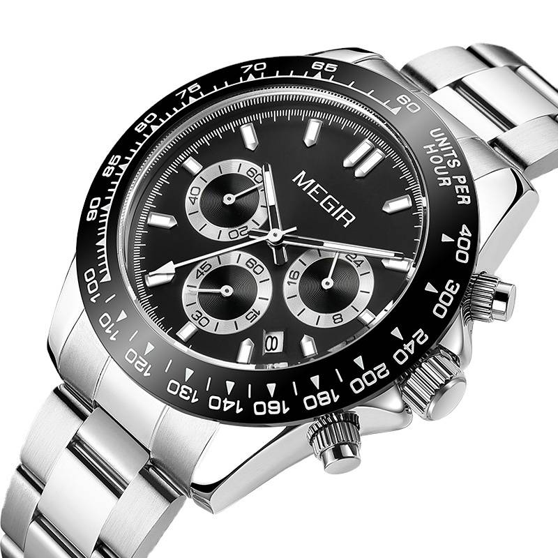 Retail: R1,499.00 MEGIR Mens Speedster Chronograph Date 43mm Stainless Steel Silver Oyster Watch