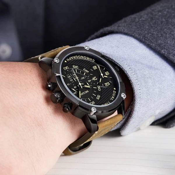 Retail: R1,699.00 MEGIR Men`s Big Boi Chronograph Dual Time 48mm Ionic Black / Brown Leather Watch