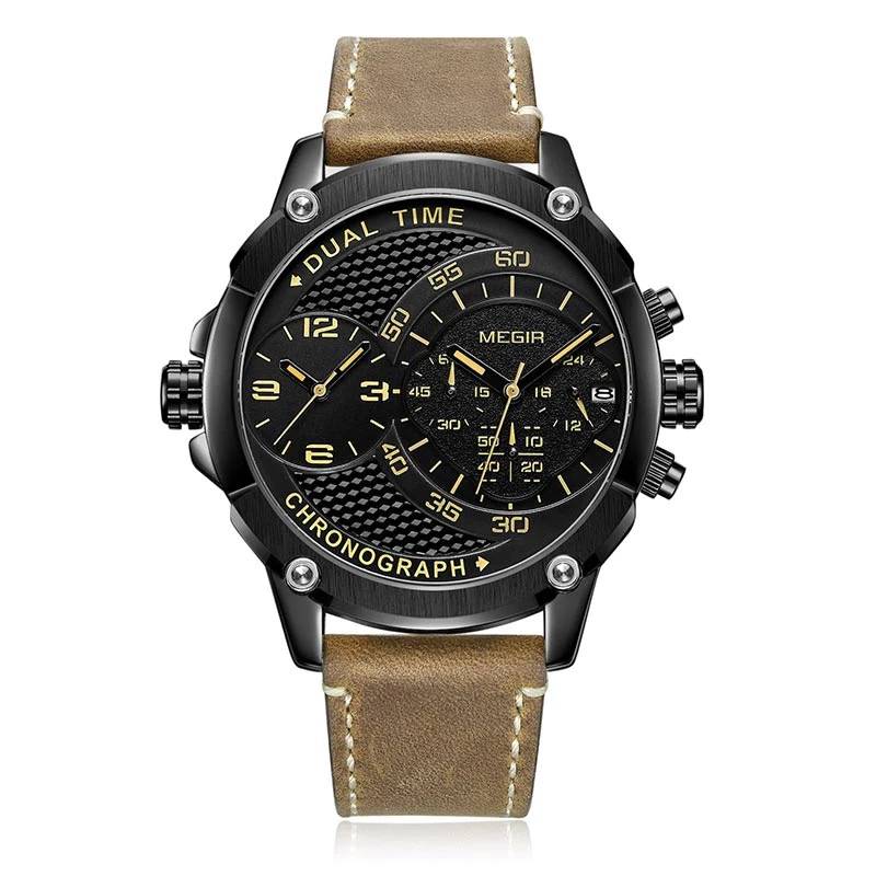 Retail: R1,699.00 MEGIR Men`s Big Boi Chronograph Dual Time 48mm Ionic Black / Brown Leather Watch