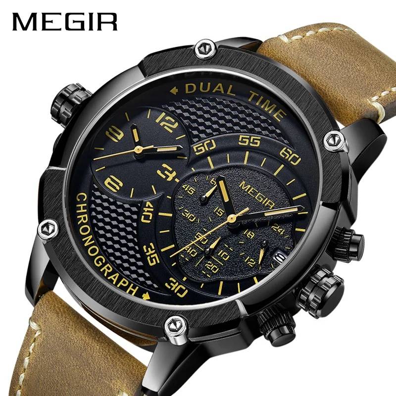 Retail: R1,699.00 MEGIR Men`s Big Boi Chronograph Dual Time 48mm Ionic Black / Brown Leather Watch