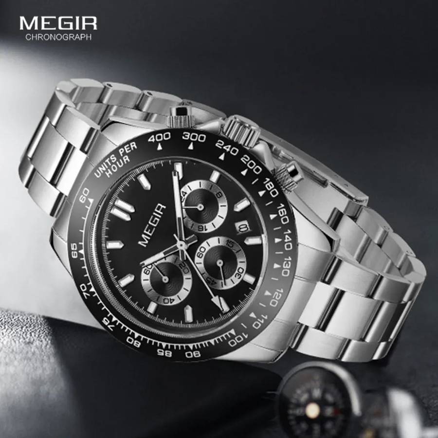 Retail: R1,499.00 MEGIR Mens Speedster Chronograph Date 43mm Stainless Steel Silver Oyster Watch