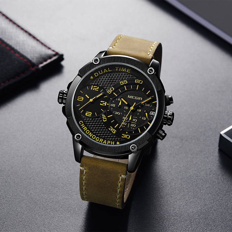 Retail: R1,699.00 MEGIR Men`s Big Boi Chronograph Dual Time 48mm Ionic Black / Brown Leather Watch