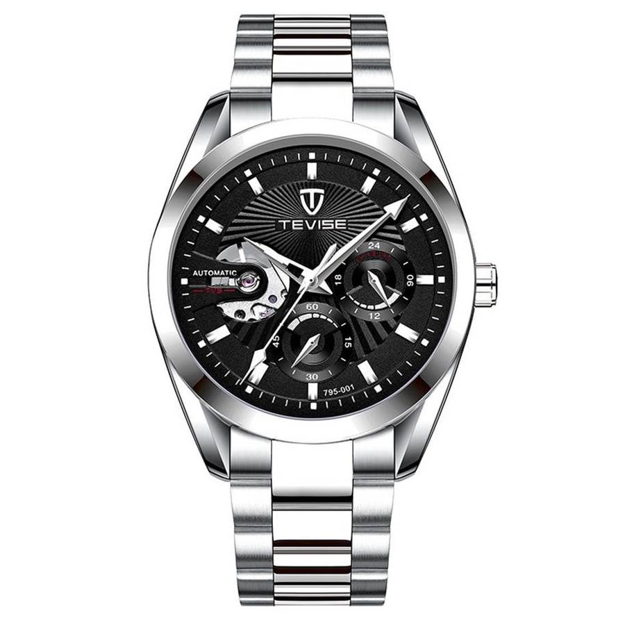 Retail: R2,399.00 TEVISE® Men`s Classic Automatic Partial Skeleton Silver/Black Watch