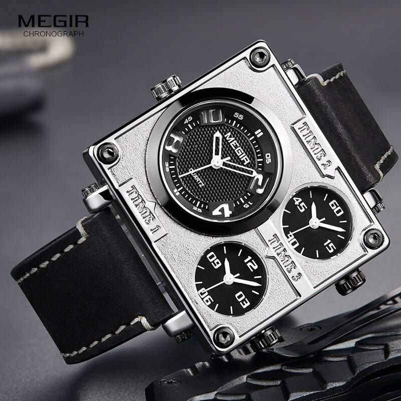 Retail: R1,699.00 MEGIR Mens Pilot Big Tick Triple Time Zone 48mm Silver / Black Leather  BRAND NEW