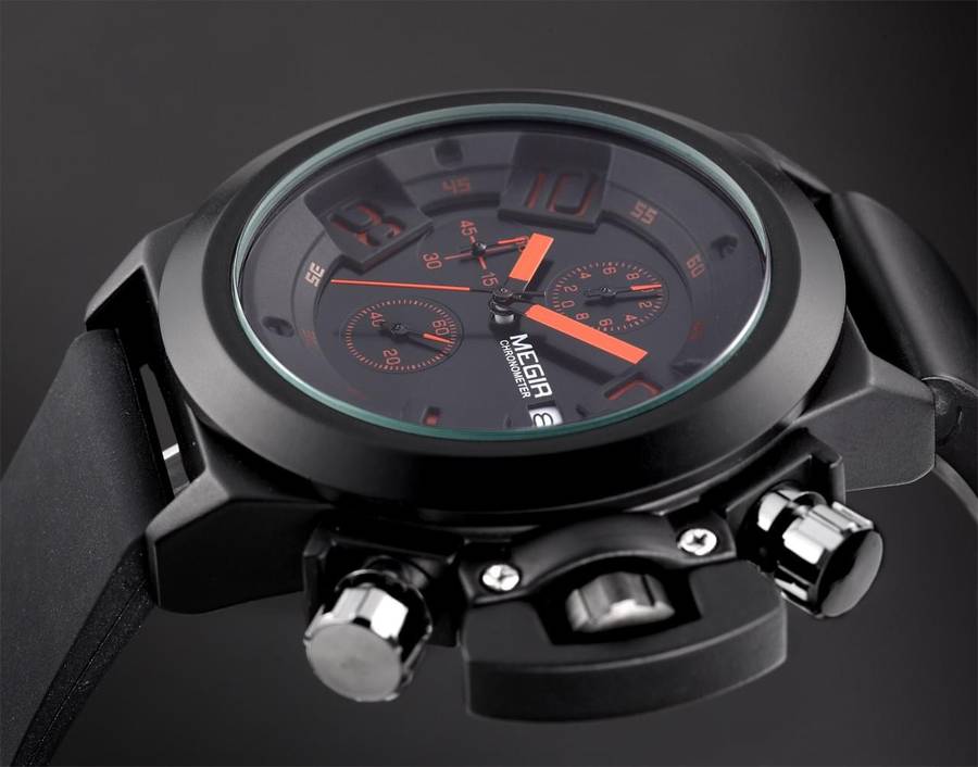 Retail: R1,699.00 MEGIR Men Submarine Chronograph Date 50mm Silicone Strap Watch Black/ Red NEW