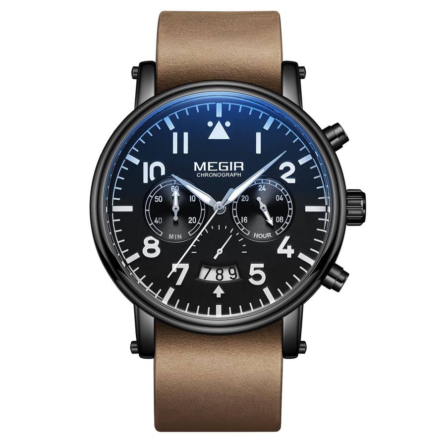 MEGIR Men`s Big Pilot Chronograph Date 45mm Ionic Black / Brown Leather Watch