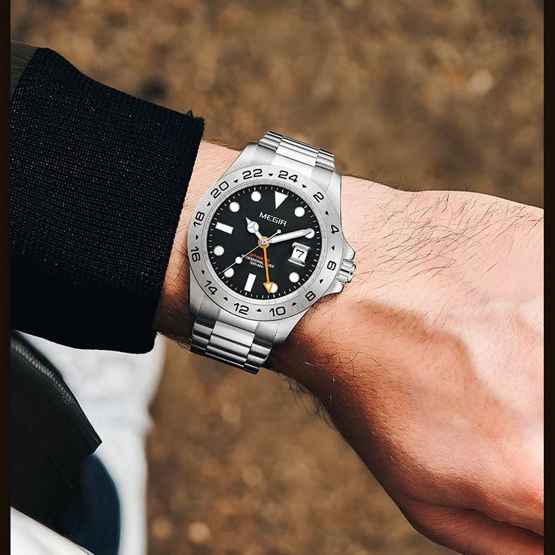 Retail: R2,499.00 MEGIR ELITE Mens GMT Date 43mm Stainless Steel Oyster Bracelet Watch NEW