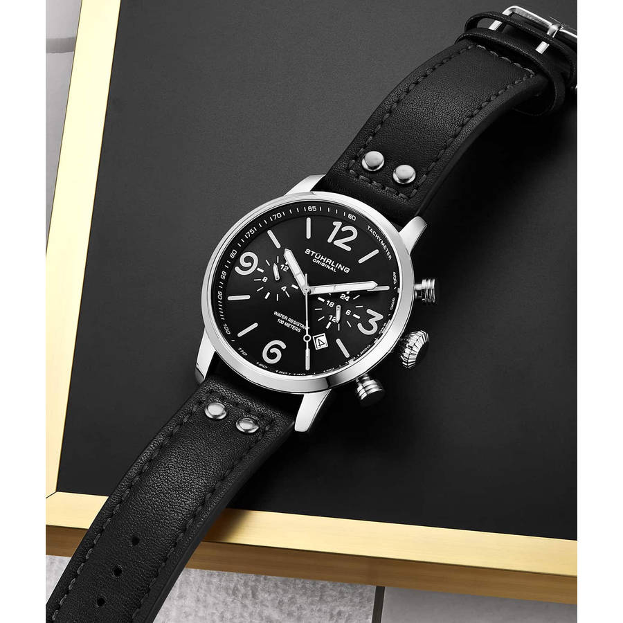 **look** R6,000.00 Stuhrling Original Mens Kamakaze 45mm Aviator Luminous Black Chrono Watch