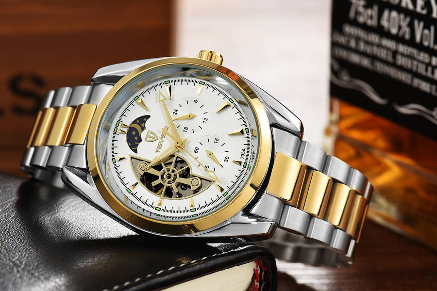 Tevisa Men`s Classic Automatic Partial Skeleton Two Tone/White Watch