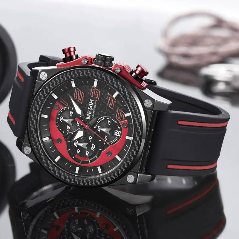 MEGIR Men`s Racer Chronograph Date 45mm Black/Red Silicone Strap Watch