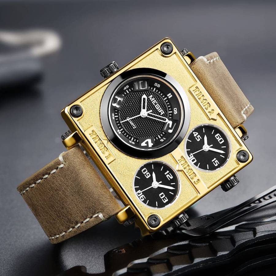 Retail: R1,699.00 MEGIR Mens Pilot Big Tick Triple Time Zone 48mm Gold / Brown Leather Watch NEW