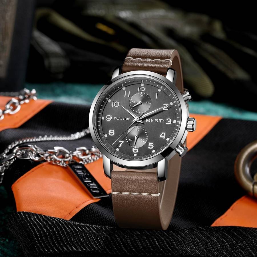 Retail: R1,699.00 MEGIR Men`s Dual Time Chronograph Date 42mm Ionic Black / Leather Watch