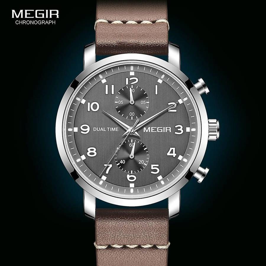 Retail: R1,699.00 MEGIR Men`s Dual Time Chronograph Date 42mm Ionic Black / Leather Watch