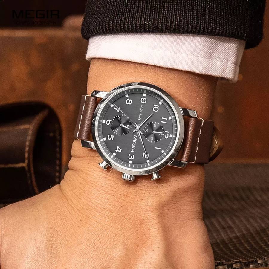 Retail: R1,699.00 MEGIR Men`s Dual Time Chronograph Date 42mm Ionic Black / Leather Watch