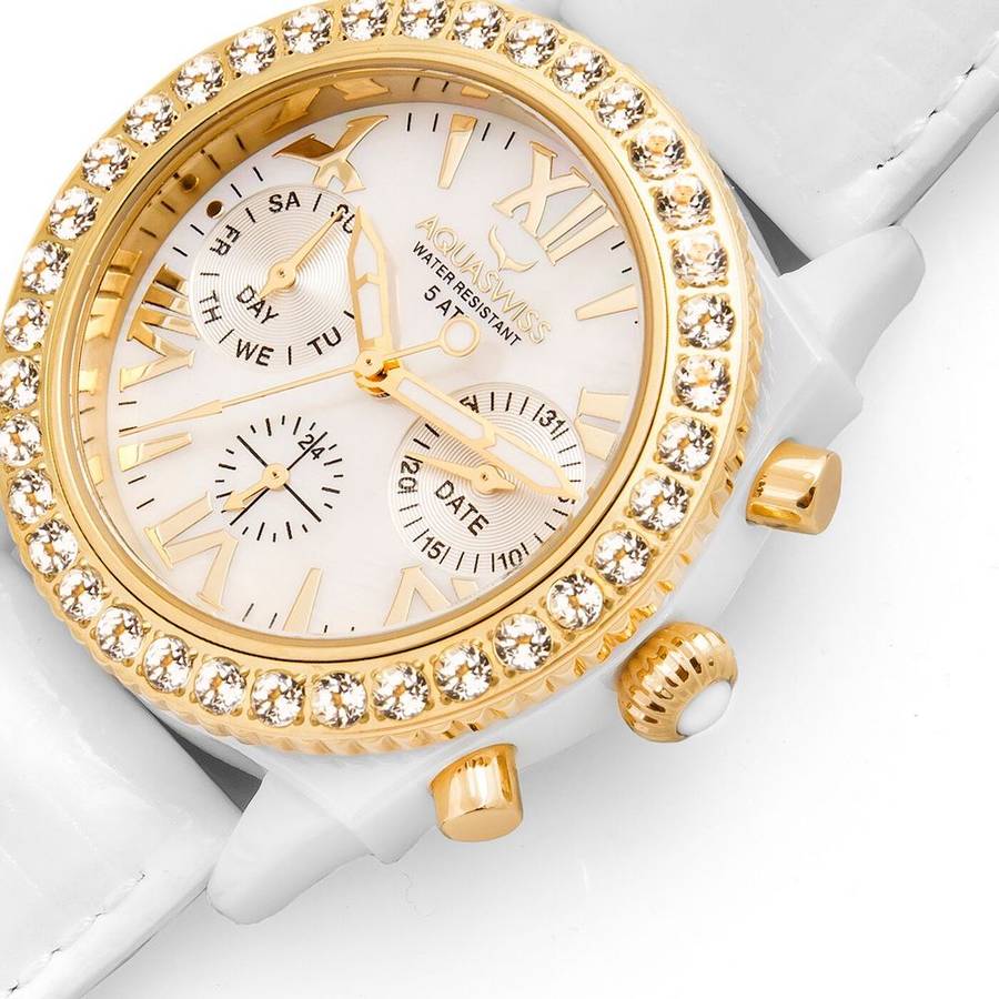 Retail: $1095 /R14,000 AQUASWISS Chloe 2.25ct Topaz Leather Chronograph Watch NEW IN BOX