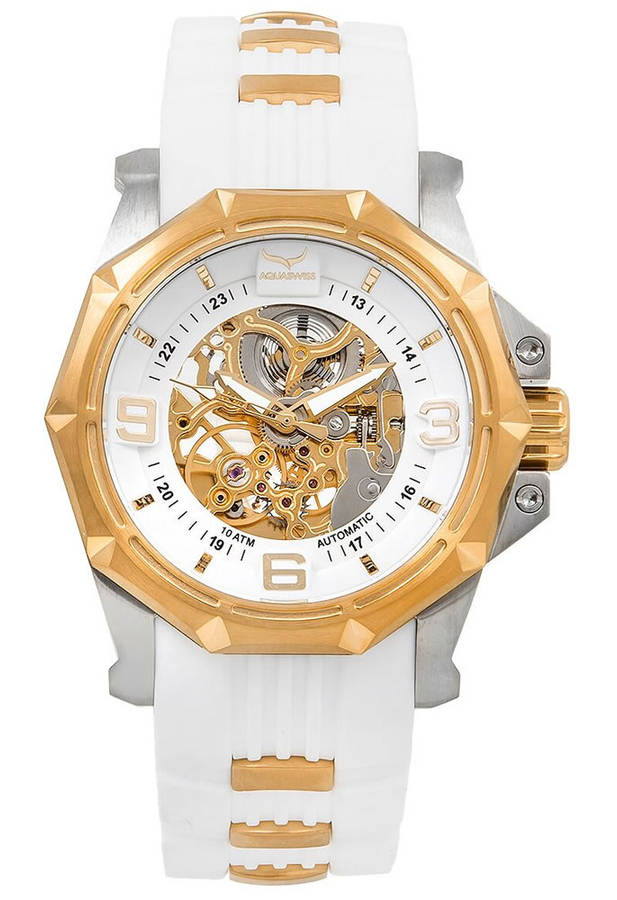 Retail: $1200 /R15,000.00 Aquaswiss Men's Vessel Automtic 45mm - 52mm Watch with White Silicone Band