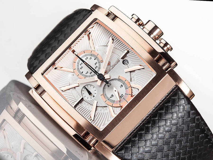 YVES CAMANI Men's Escaut Black/Rose Gold Plated Chrono with Carbon Fibre Leather Watch + Gold Tin