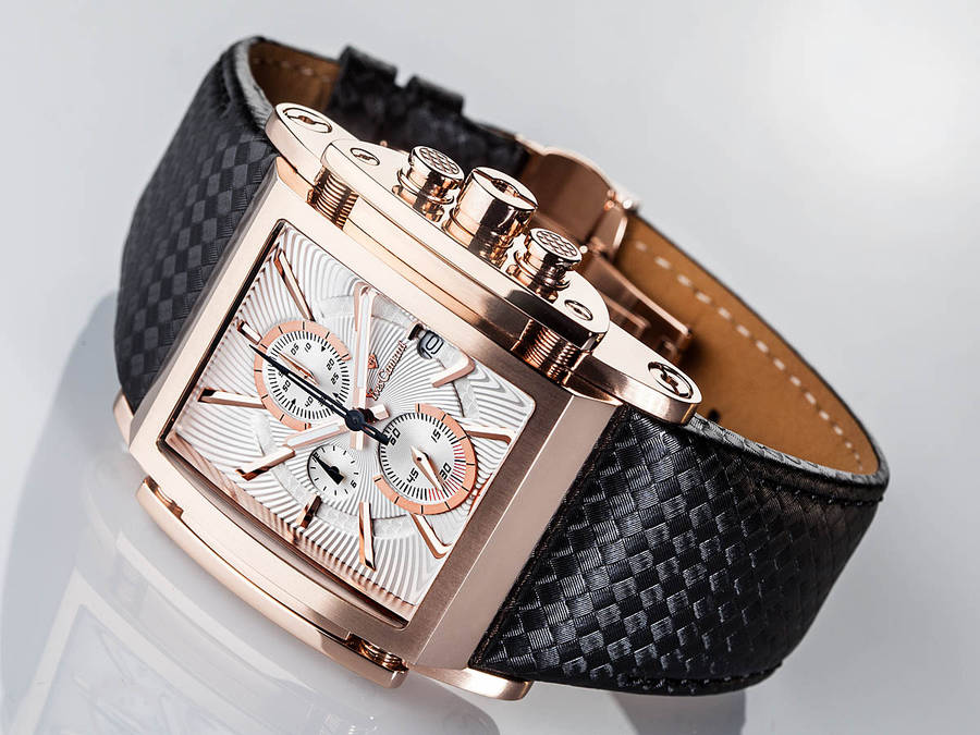 YVES CAMANI Men's Escaut Black/Rose Gold Plated Chrono with Carbon Fibre Leather Watch + Gold Tin