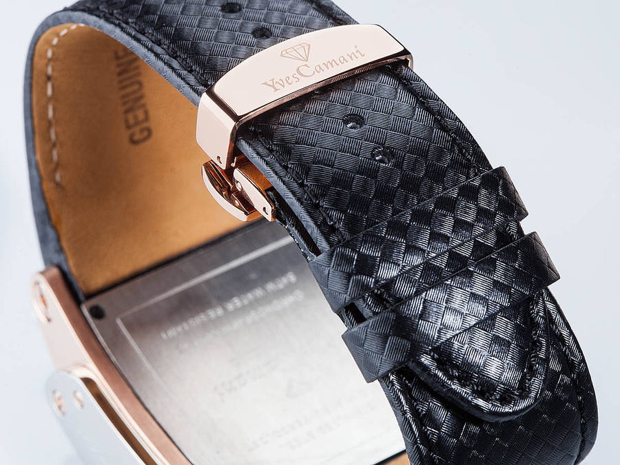YVES CAMANI Men's Escaut Black/Rose Gold Plated Chrono with Carbon Fibre Leather Watch + Gold Tin