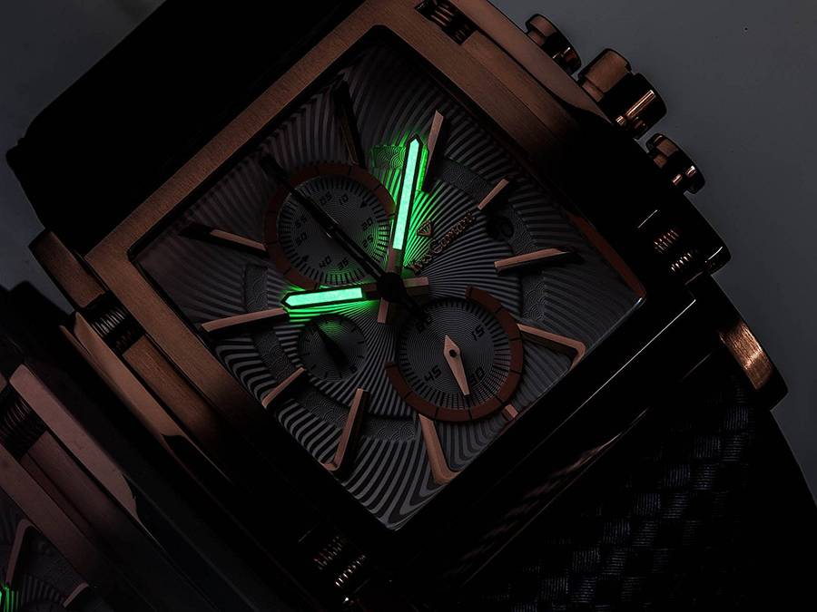 YVES CAMANI Men's Escaut Black/Rose Gold Plated Chrono with Carbon Fibre Leather Watch + Gold Tin