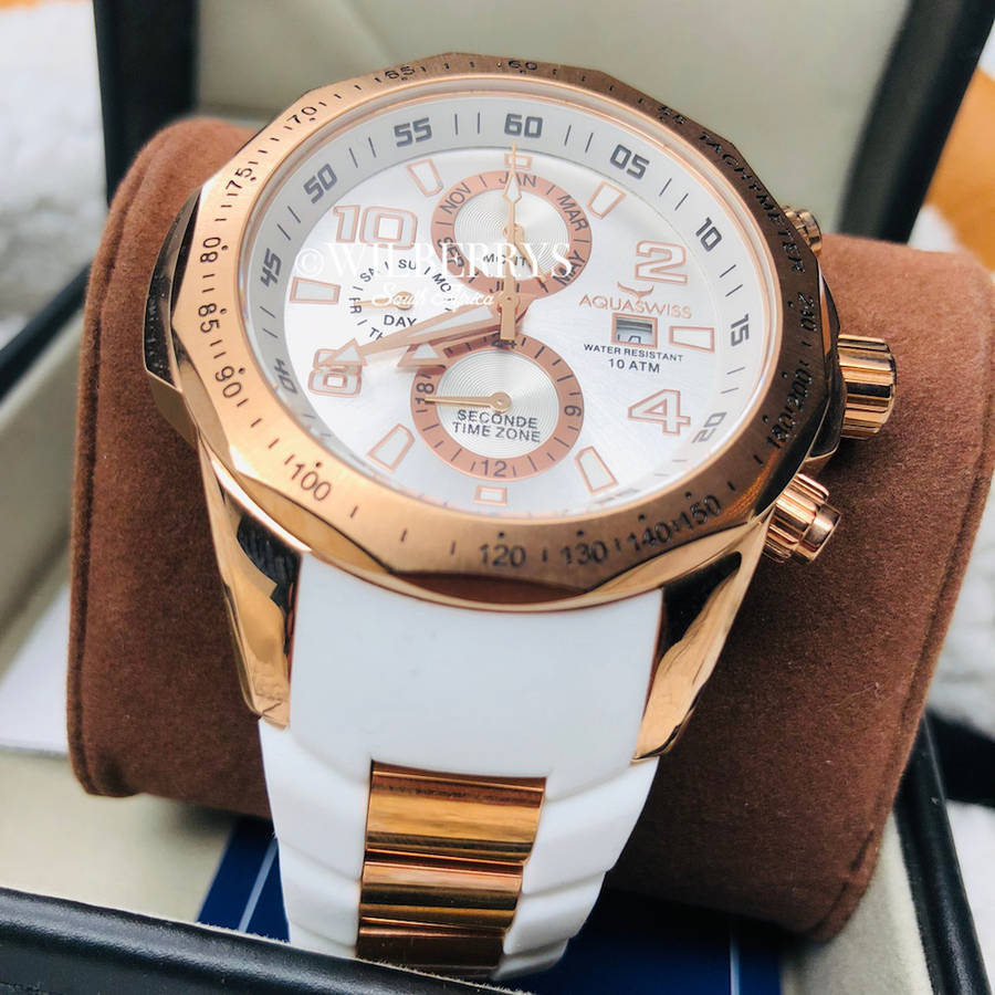 Retail: R14,500.00 Aquaswiss Men's TRAX II with 18K Rose Gold Plating and White Silicone Band