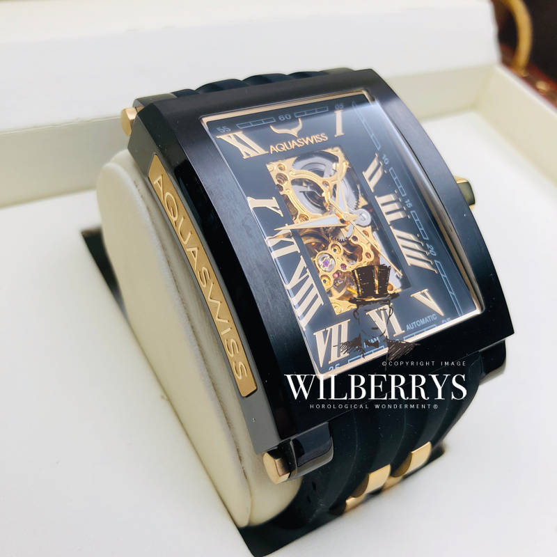 Retail: R24,600.00 Aquaswiss Mens Automatic Tanc with 18k Plated SILICONE Strap THICK, HEAVY Watch