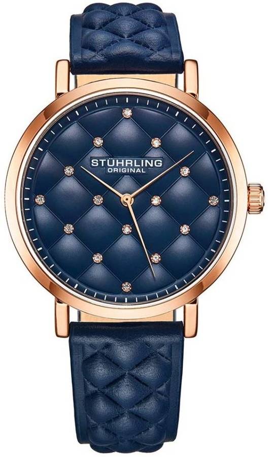 Retail: R5,499.00 STUHRLING ORIGINAL® Women's NOIR TUFFTED LEATHER Rose gold pl Watch BRAND NEW