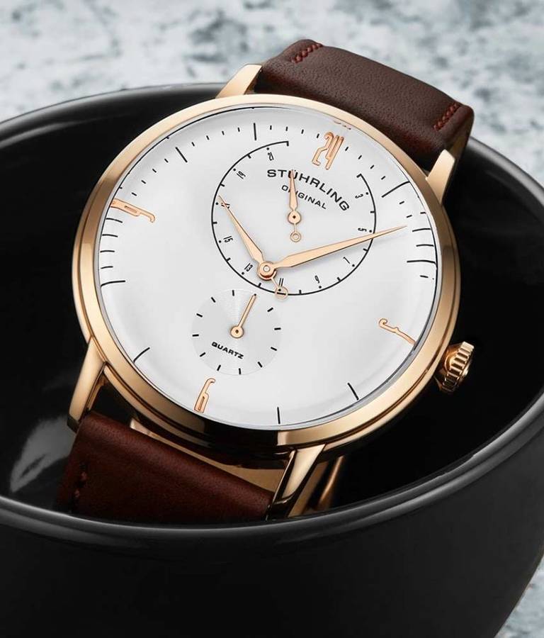 Retail: R7,999.00 STUHRLING ORIGINAL® Men's CABALETTA Rose Gold pl. Genuine Leather Watch BRAND NEW