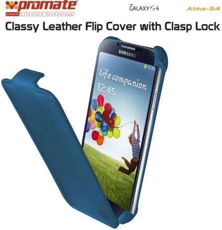 Promate Alma-S4 Classy Leather Flip Cover with Clasp Lock for Samsung Galaxy S4-Blue 1 Year Warranty