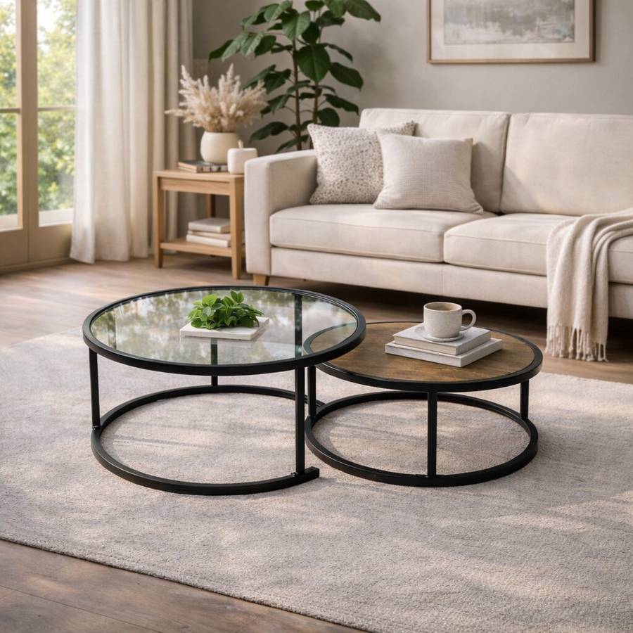 Tables - QandAHome-Halo Minimalist Glass and Wooden Nesting Tables