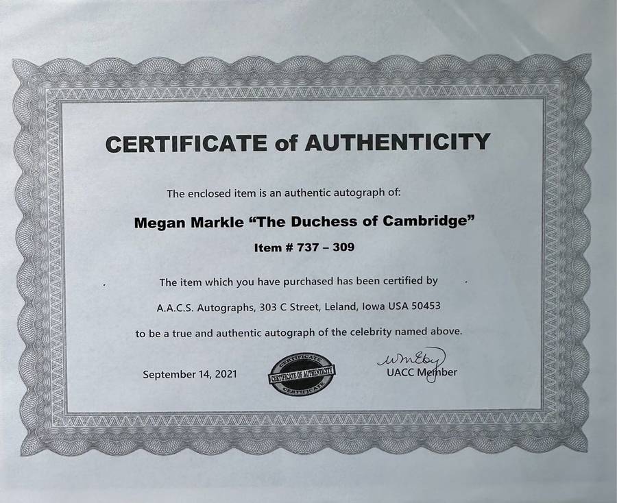 AUTHENTIC AUTOGRAPH BY MEGHAN MARKLE - DUCCHESS OF SUSSEX - WITH COA - INSANELY RARE