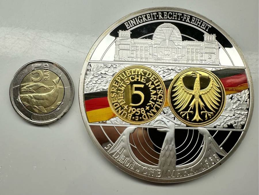 GIGANT MEDAL 110 GRAMS 5 DEUTSCHE MARK 1958 J SILVER-PLATED PP
