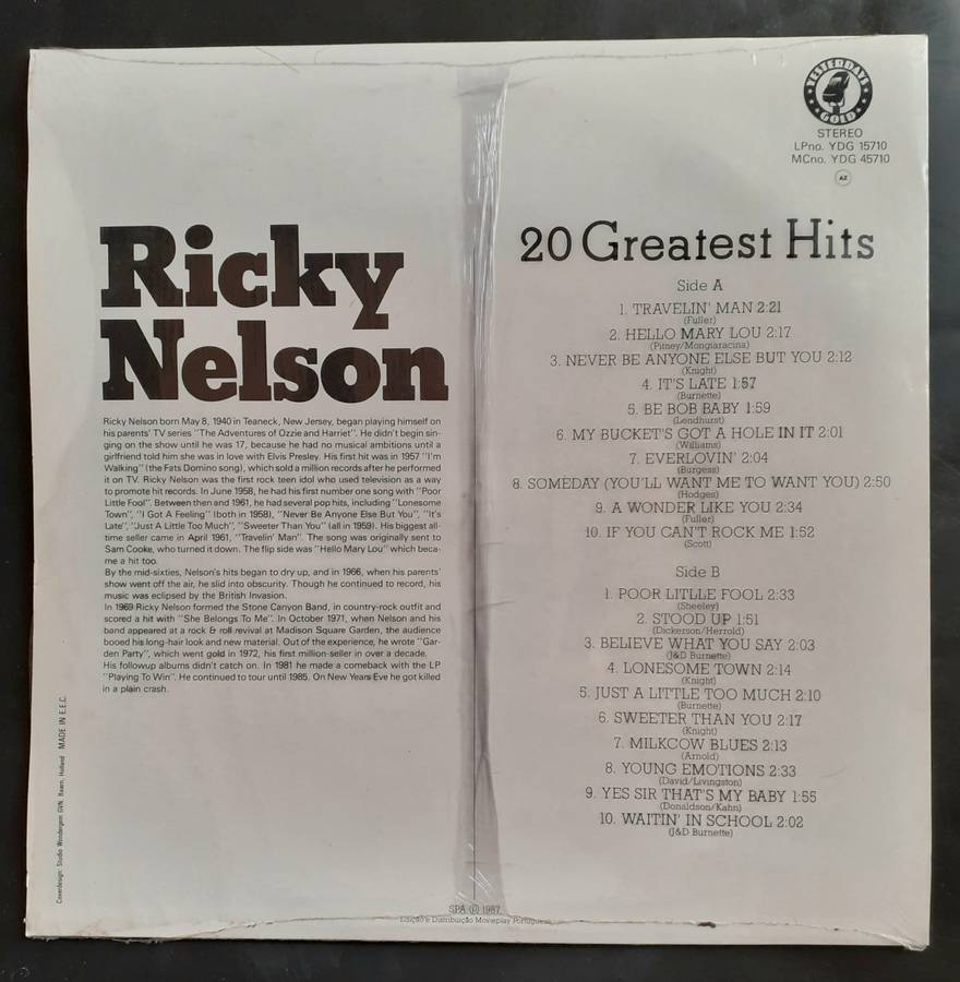 Ricky Nelson 20 Greatest Hits LP Vinyl Record - Europe Pressing