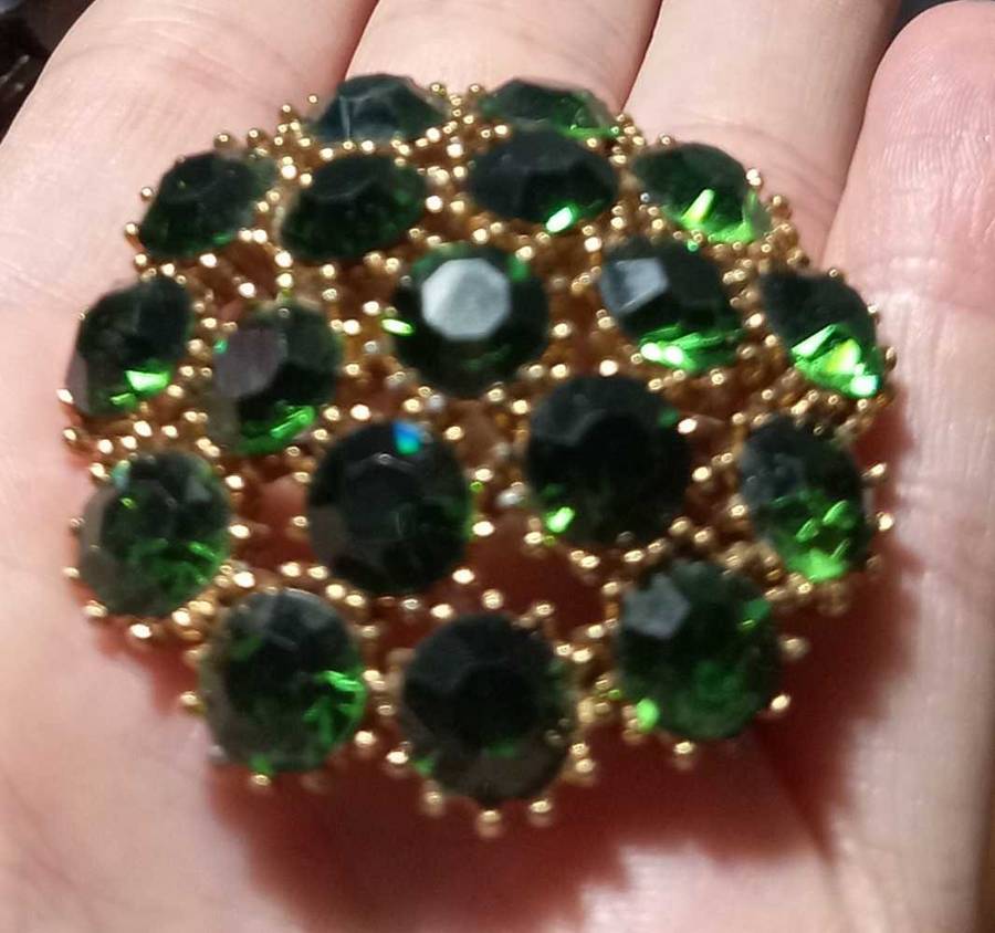 Vintage Stunning Large Brooch with Emerald Green Glass Rhinestones