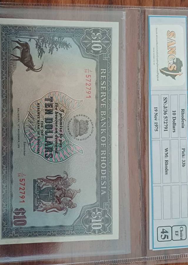 10 Rhodesia Dollar Graded EF45 by Sangs