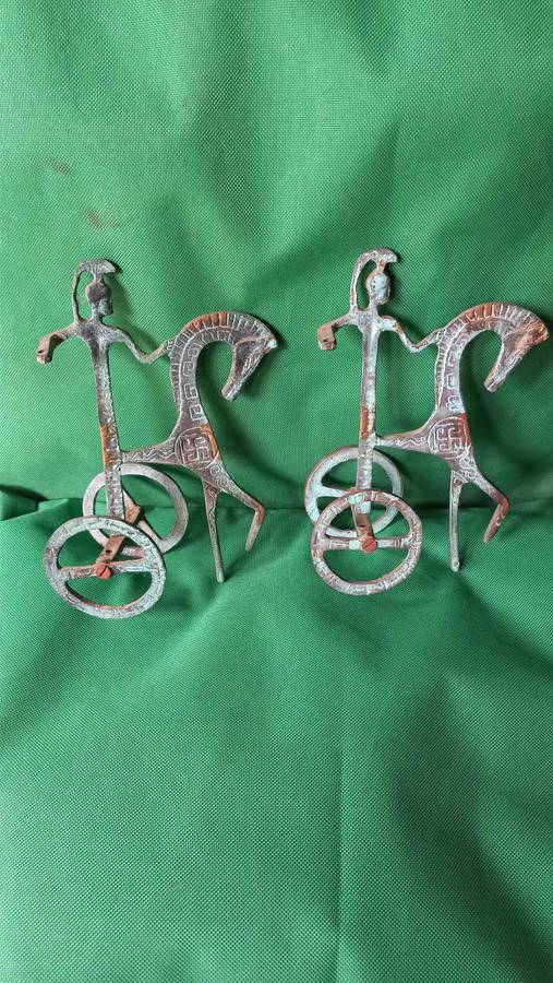 Vintage aged brass sculptures Ancient Greek Roman Mythology Achilles Chariot