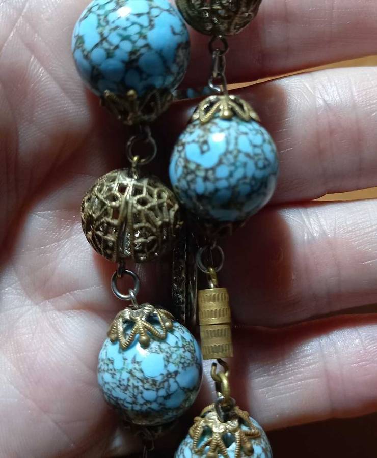 Antique Czech Turquoise with Gold Hubbell Glass Beads and Bronze Ball Filigree Attachments