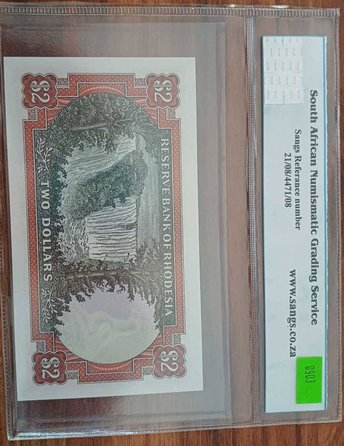 Grsded Unc 67 Two Rhodesia Replacement Dollar by Sangs high grade