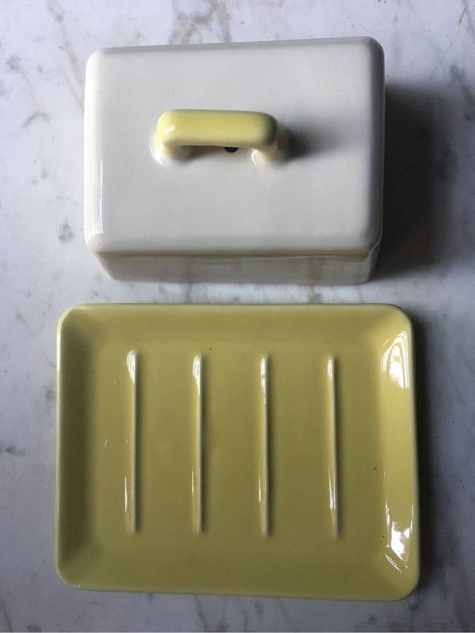 Art Deco ceramic butter dish with yellow base